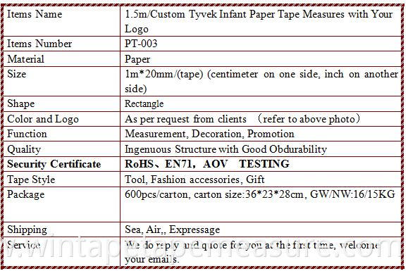 1.5 m/Custom dupont Infant Paper Tape Measures ruler for measuring baby head for disposable medical gift with Your Logo